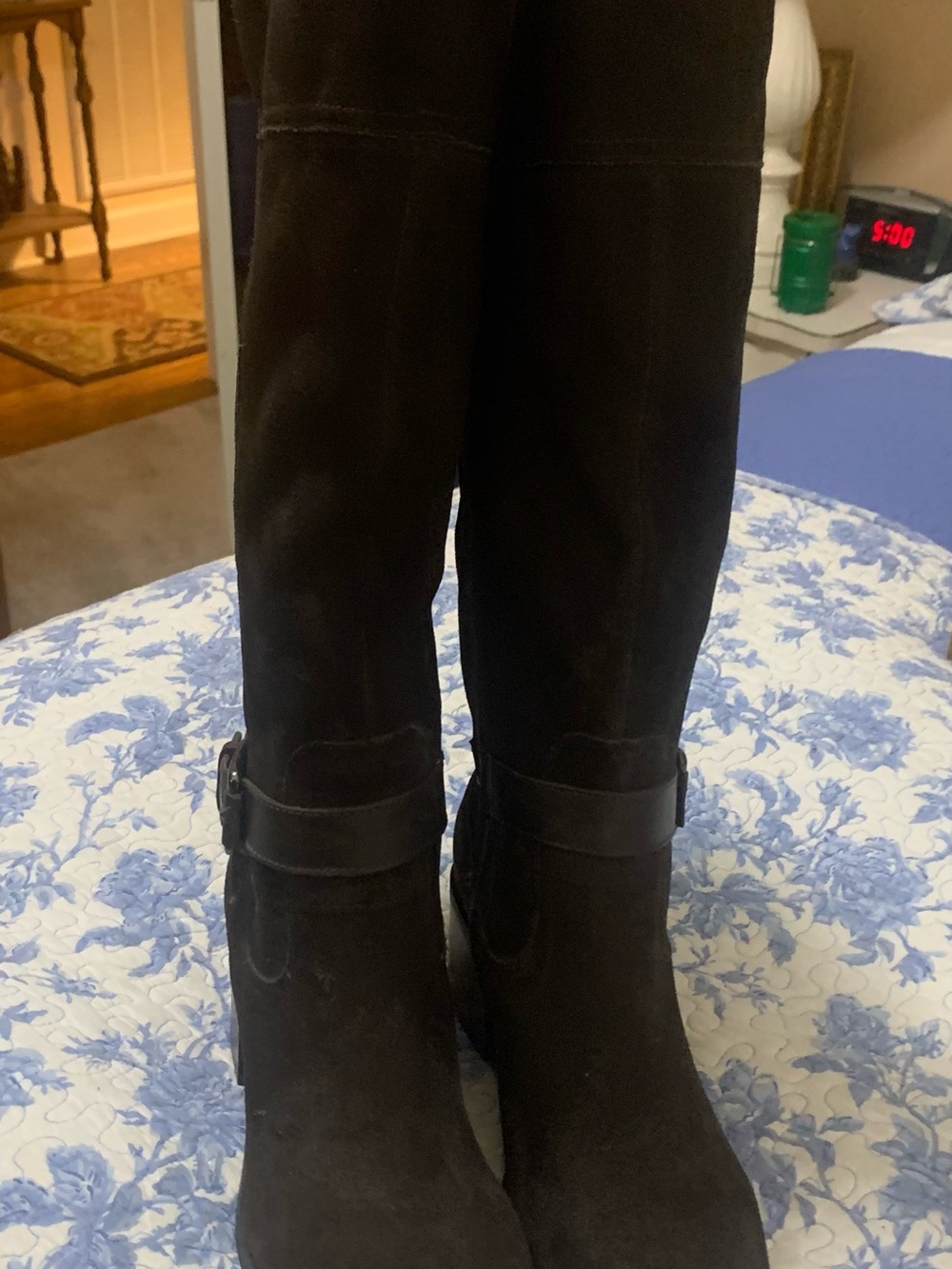 Marc Fisher Black Suede Knee-High Heeled Boots with Strap- never worn